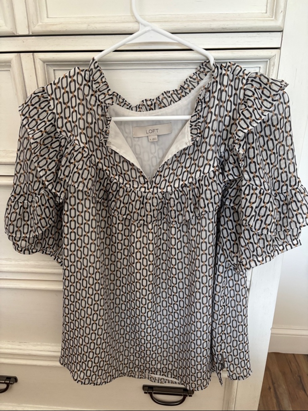 LOFT Cream and Black Geometric Ruffle Sleeve Blouse